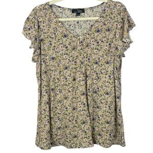 Suzanne Betro Tan Delicate Floral Pattern Soft Ruffled Short Sleeve Blouse